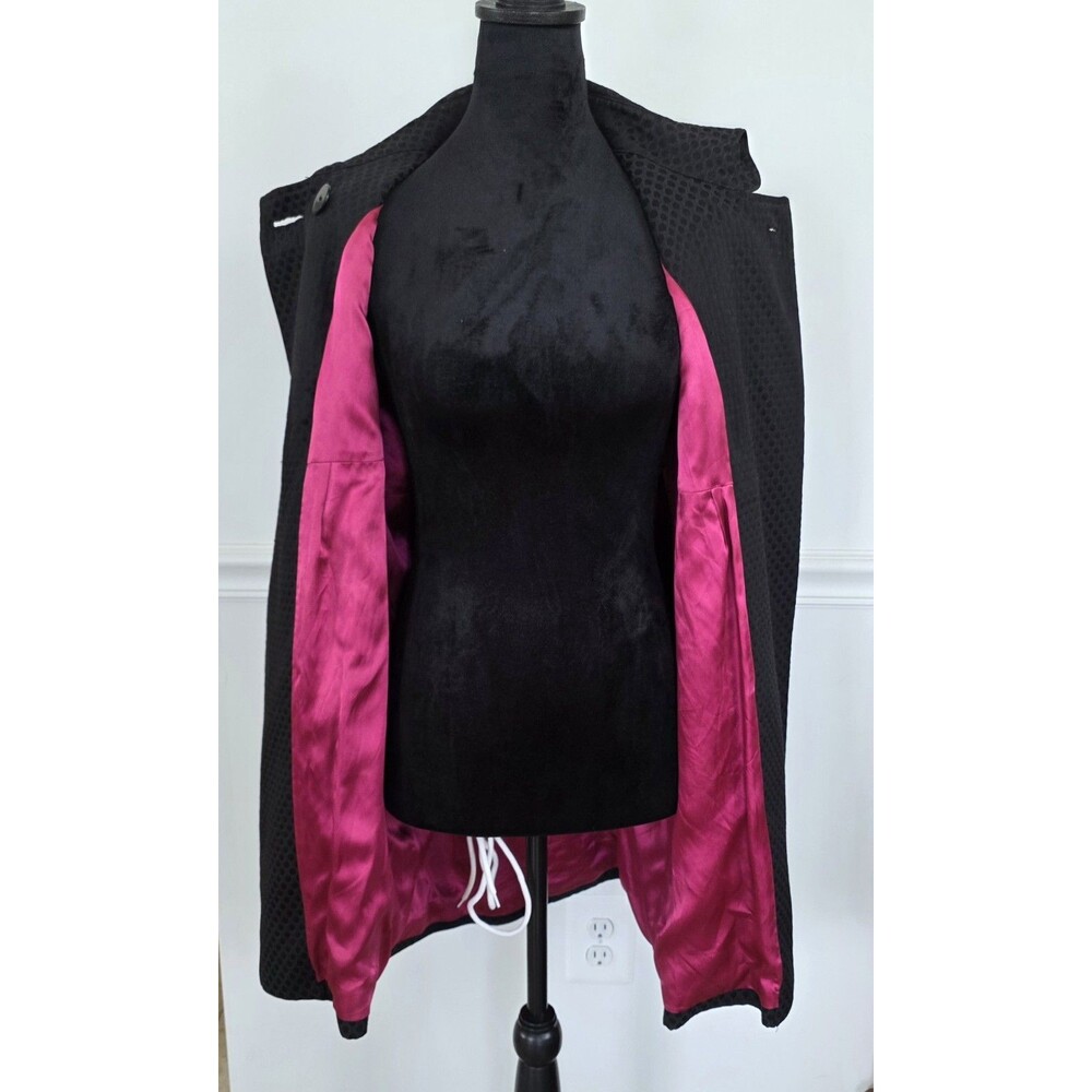 Cortefiel Woman Black Textured Jacquard Coat Size M 3/4 Sleeve Pink Lining